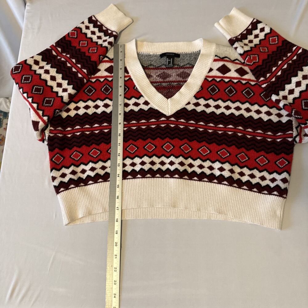 Forever 21 Fair Isle Red Cropped V Neck Knit Sweater Womens M Aztec Boho Holiday - Picture 9 of 11
